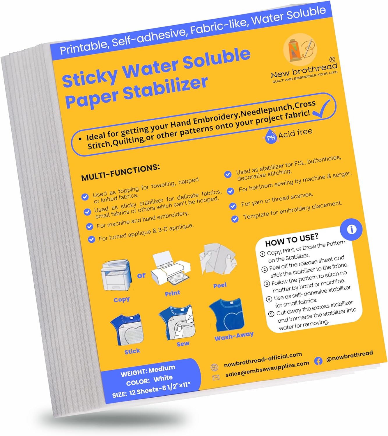 New brothread 8.5"x11" Sticky Water Soluble Embroidery Stabilizer Printable Paper Stabilizer - Medium Weight - Allowed for Print or Draw Patterns Best for Hand & Machine Embroidery