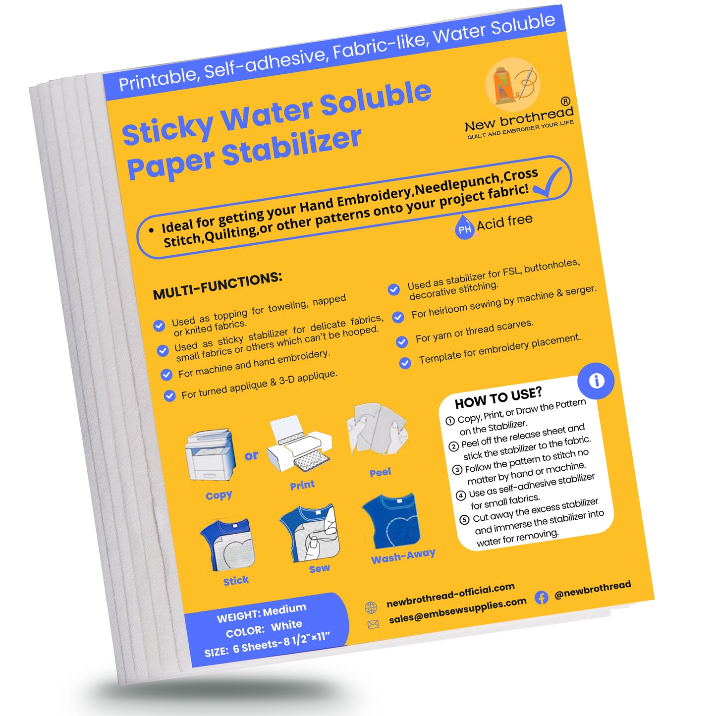 New brothread 8.5"x11" Sticky Water Soluble Embroidery Stabilizer Printable Paper Stabilizer - Medium Weight - Allowed for Print or Draw Patterns Best for Hand & Machine Embroidery