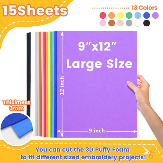 New brothread - 15 Options- 15PCS Embroidery Puffy Foam 9″x12″ Large Size 3MM Creating 3D Embroidery Effect for Caps, Garments, Jackets, Bags, Backpacks and More