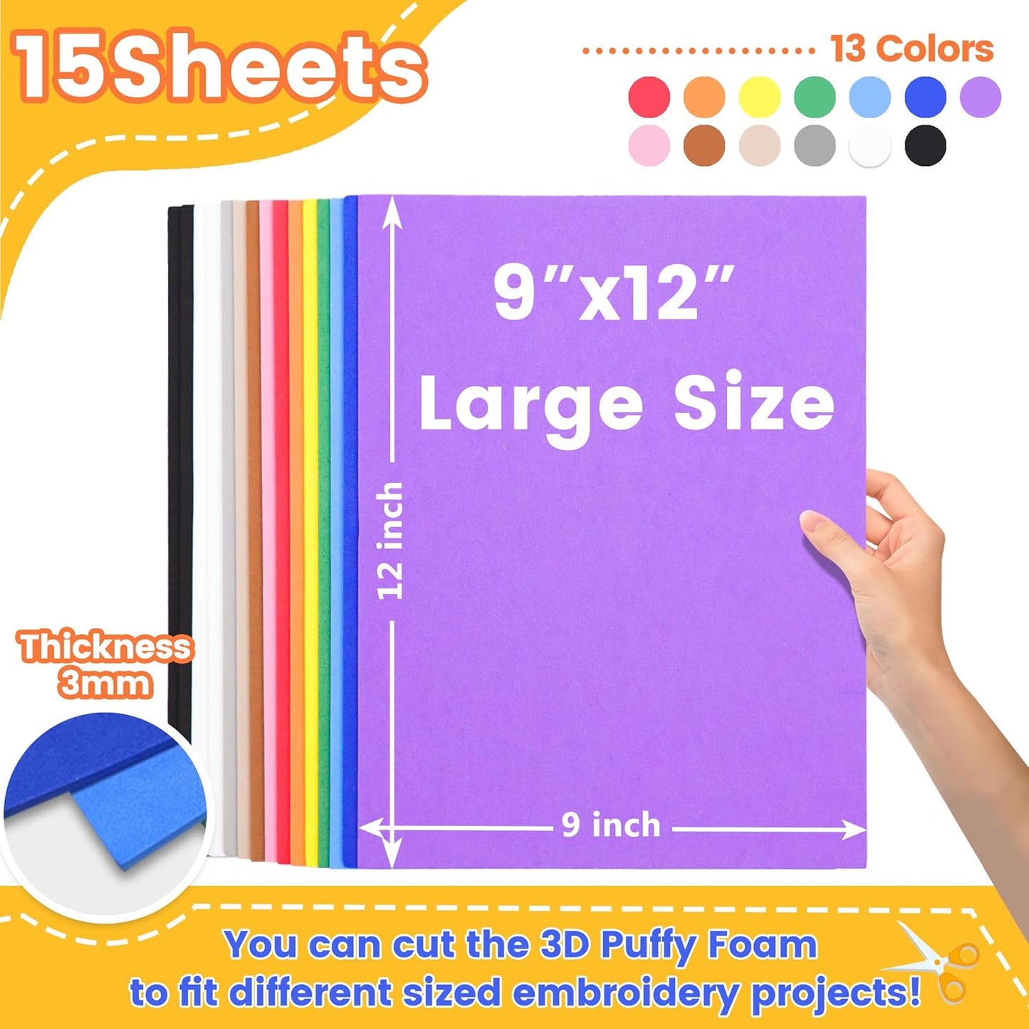New brothread - 15 Options- 15PCS Embroidery Puffy Foam 9″x12″ Large Size 3MM Creating 3D Embroidery Effect for Caps, Garments, Jackets, Bags, Backpacks and More