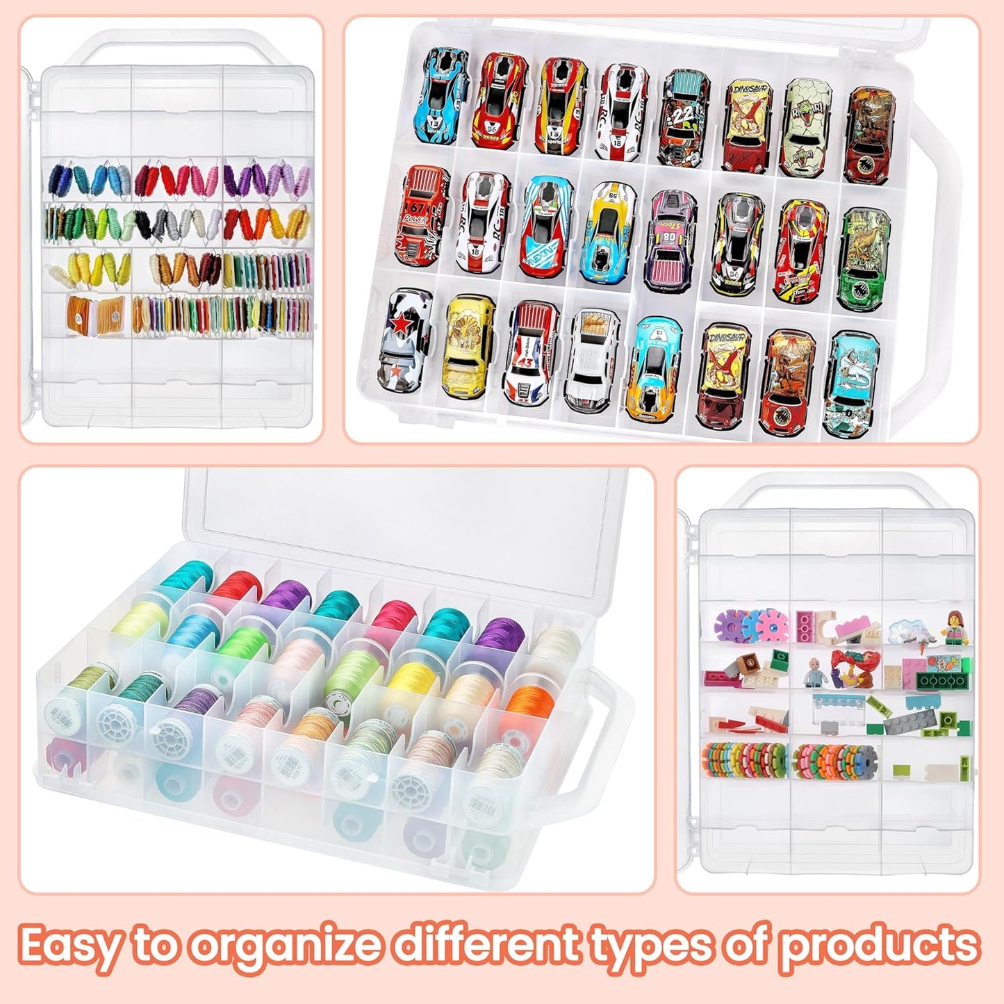 New brothread Double-Sided Storage Organizer/Box with Total 48 Adjustable Compartments, Removable Dividers For Embroidery and Sewing Threads, Embroidery Floss, Needles, Beads, Small Crafts & Toys