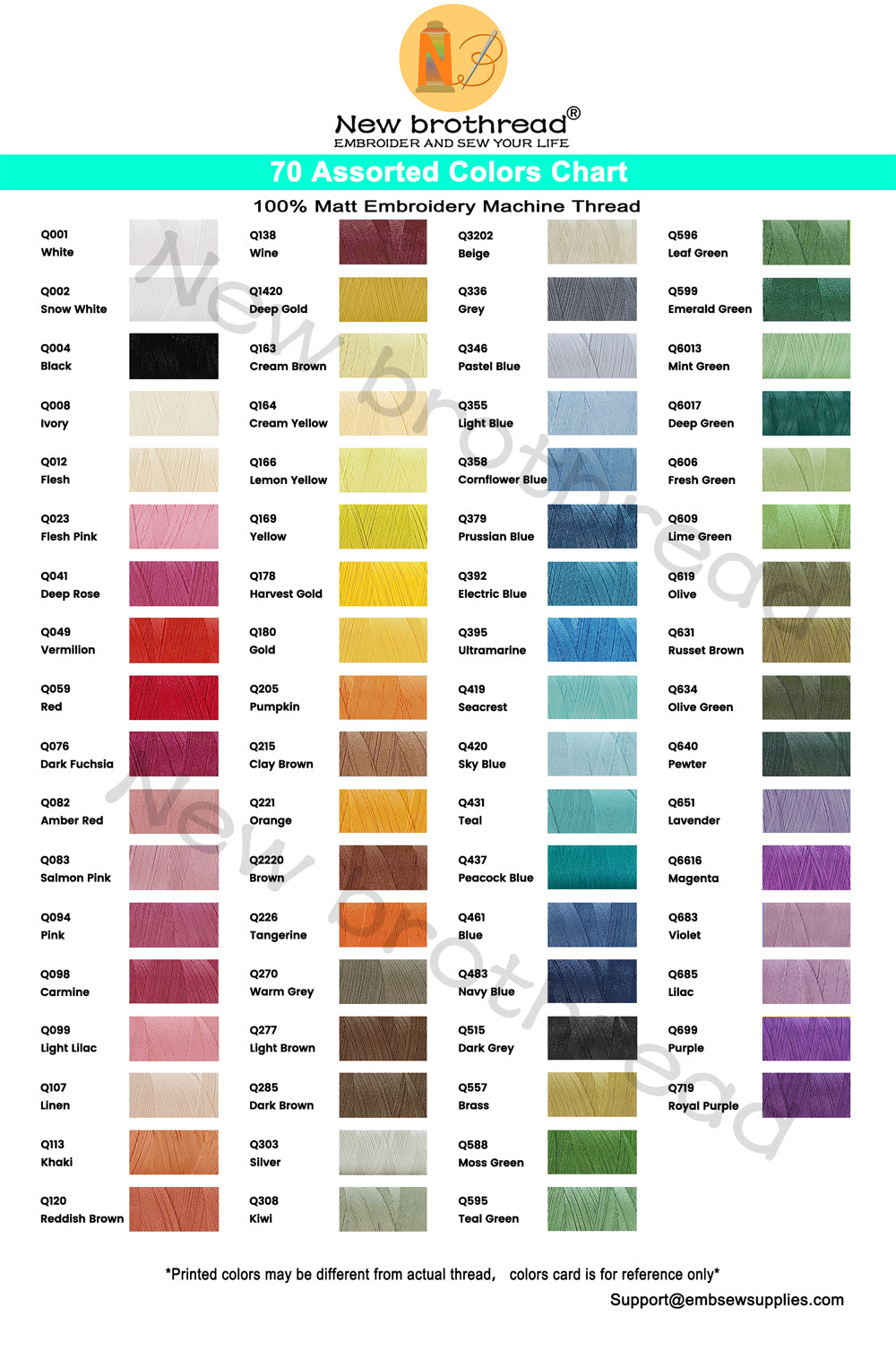 60WT Matt Embroidery Machine Thread 70 Colors Each Spool 600M (660Y) for Embroidering with Sharp Contours, Logos, Fine Lettering, Small Details etc.-Made by New brothread