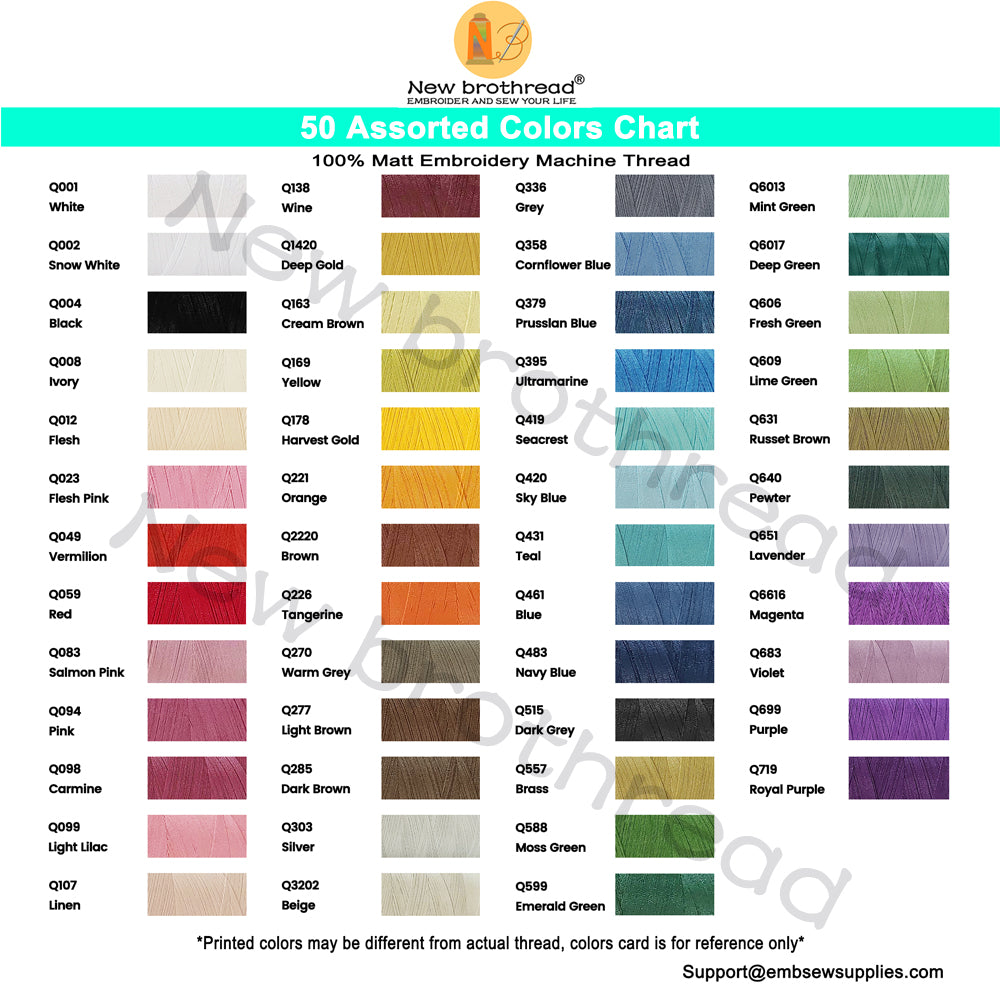60WT Matt Embroidery Machine Thread 50 Colors Each Spool 600M (660Y) for Embroidering with Sharp Contours, Logos, Fine Lettering, Small Details etc.-Made by New brothread