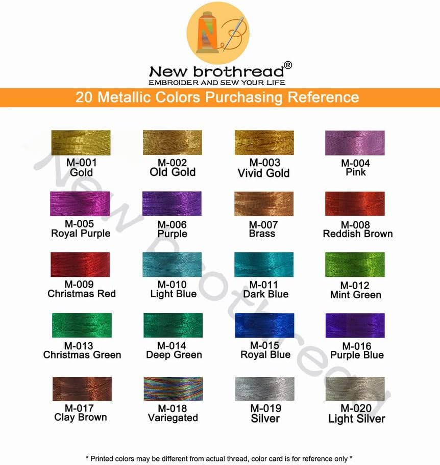 New Brothread Assorted Metallic Embroidery Machine Thread Kit 500M (550Y) Each