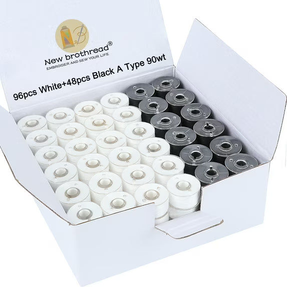 New brothread 144pcs (96White+48Black) 90WT Prewound Bobbin Thread Size A SA156