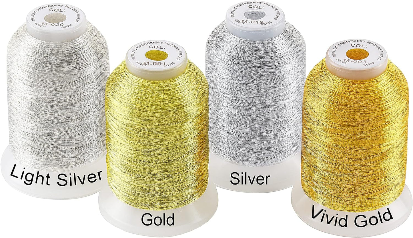 New brothread 4 Metallic Embroidery Machine Thread Kit 500M (550Y) Each Spool for Computerized Embroidery and Decorative Sewing(1xGold+1xVivid Gold+1xSilver+1xLight Silver)