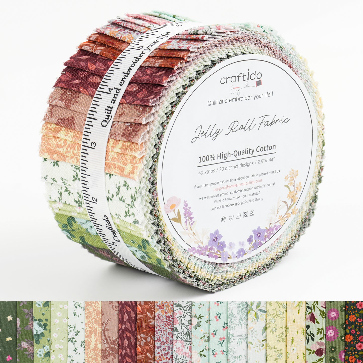 Craftido-18 Options-100% Cotton Jelly Roll Fabric Precut Strips for Quilting, Crafting, and Sewing, 40 Strips 2.5" x 44" Assorted Bundles for Rug, Quilt Project, DIY Craft and Home Decor