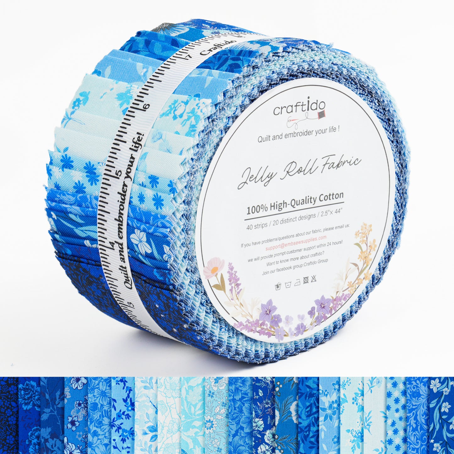 Craftido-18 Options-100% Cotton Jelly Roll Fabric Precut Strips for Quilting, Crafting, and Sewing, 40 Strips 2.5" x 44" Assorted Bundles for Rug, Quilt Project, DIY Craft and Home Decor