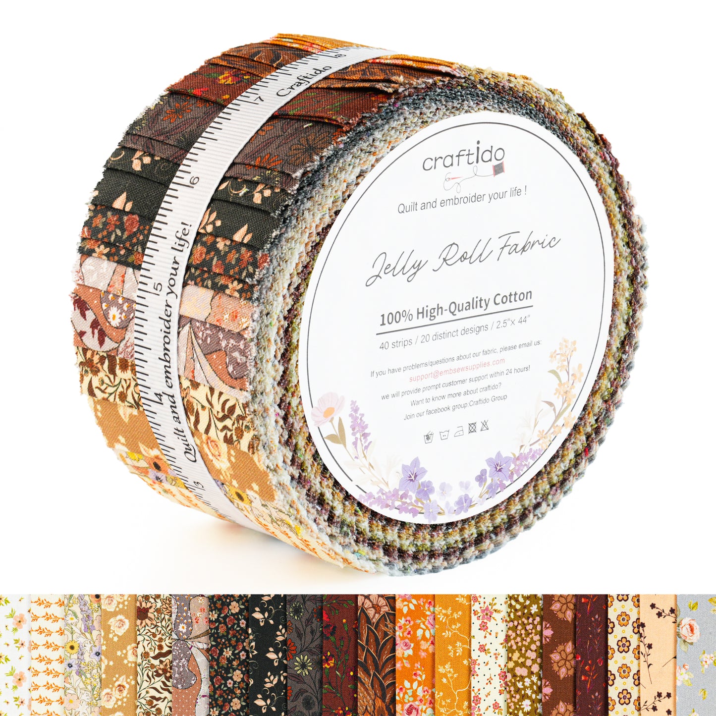 Craftido-18 Options-100% Cotton Jelly Roll Fabric Precut Strips for Quilting, Crafting, and Sewing, 40 Strips 2.5" x 44" Assorted Bundles for Rug, Quilt Project, DIY Craft and Home Decor