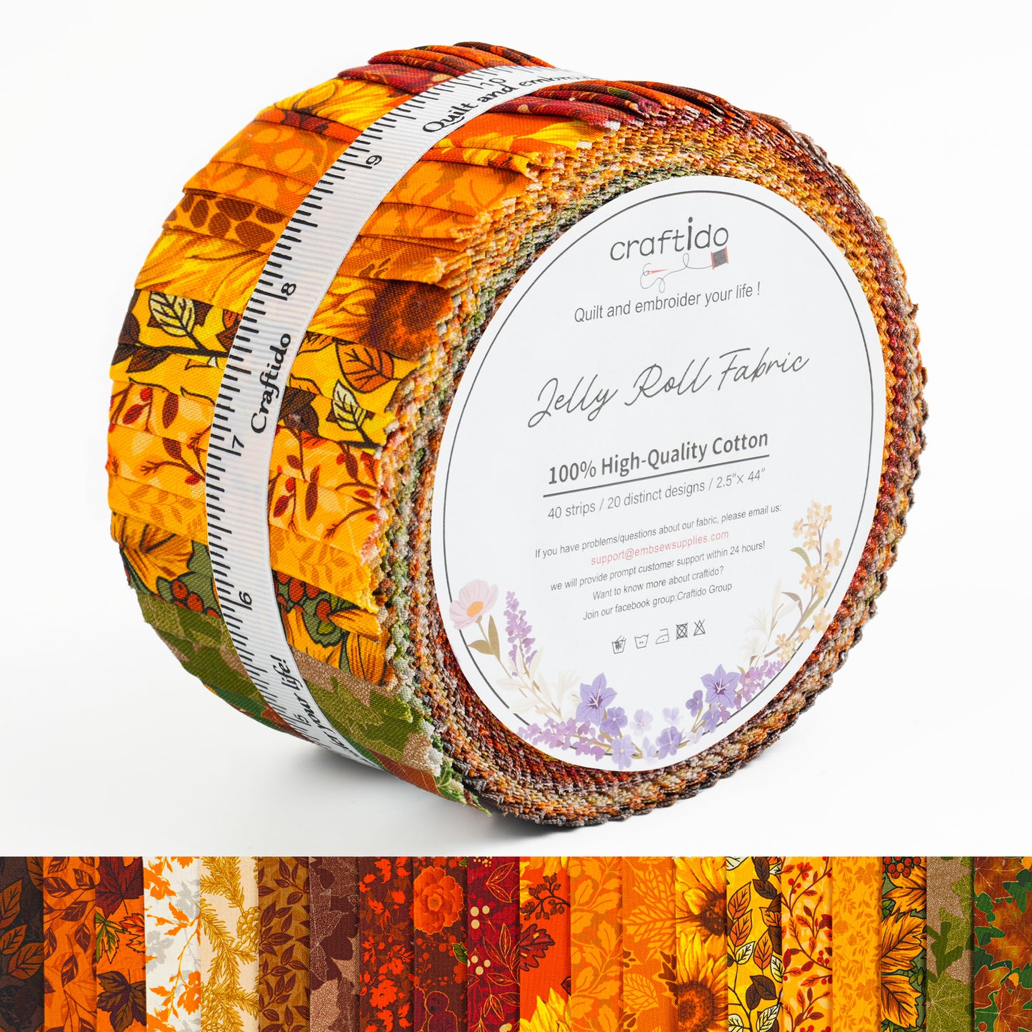 Craftido-18 Options-100% Cotton Jelly Roll Fabric Precut Strips for Quilting, Crafting, and Sewing, 40 Strips 2.5" x 44" Assorted Bundles for Rug, Quilt Project, DIY Craft and Home Decor