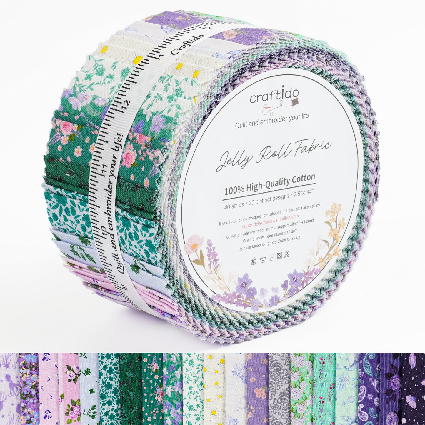 Craftido-18 Options-100% Cotton Jelly Roll Fabric Precut Strips for Quilting, Crafting, and Sewing, 40 Strips 2.5" x 44" Assorted Bundles for Rug, Quilt Project, DIY Craft and Home Decor