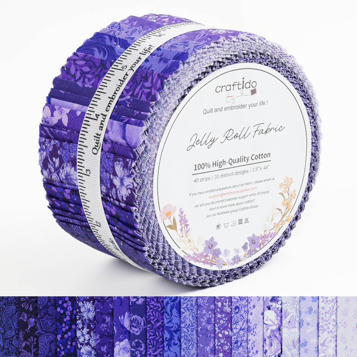 Craftido-18 Options-100% Cotton Jelly Roll Fabric Precut Strips for Quilting, Crafting, and Sewing, 40 Strips 2.5" x 44" Assorted Bundles for Rug, Quilt Project, DIY Craft and Home Decor