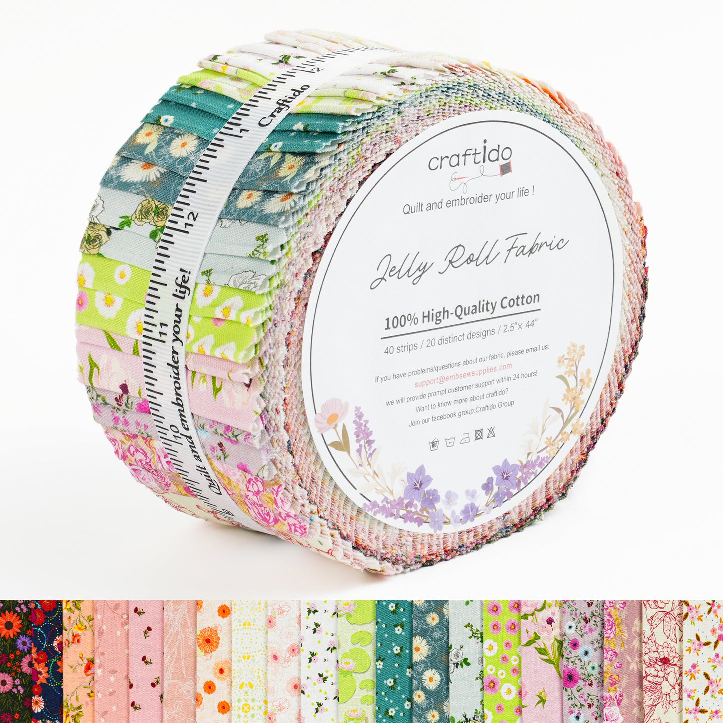 Craftido-18 Options-100% Cotton Jelly Roll Fabric Precut Strips for Quilting, Crafting, and Sewing, 40 Strips 2.5" x 44" Assorted Bundles for Rug, Quilt Project, DIY Craft and Home Decor