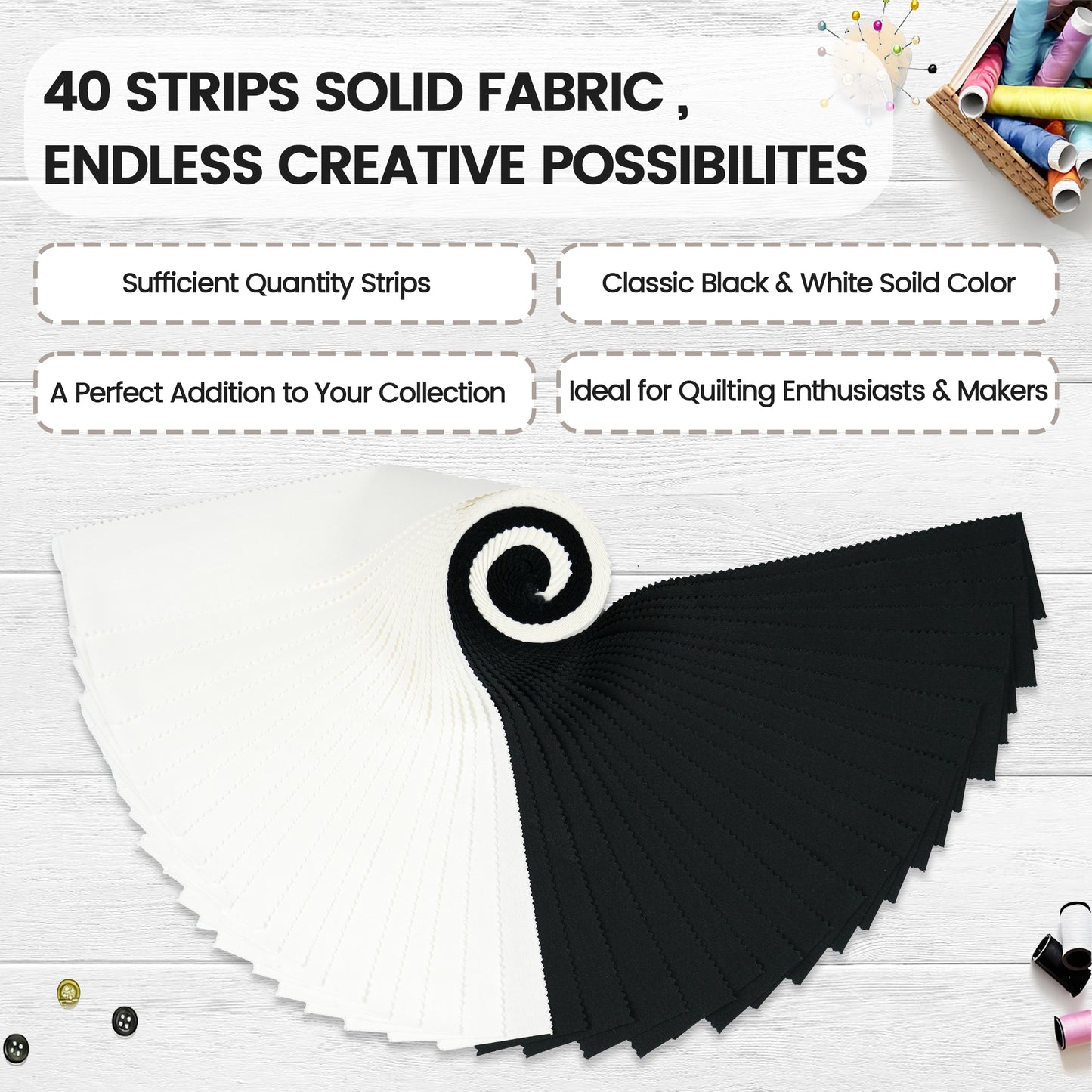 Craftido-18 Options-100% Cotton Jelly Roll Fabric Precut Strips for Quilting, Crafting, and Sewing, 40 Strips 2.5" x 44" Assorted Bundles for Rug, Quilt Project, DIY Craft and Home Decor