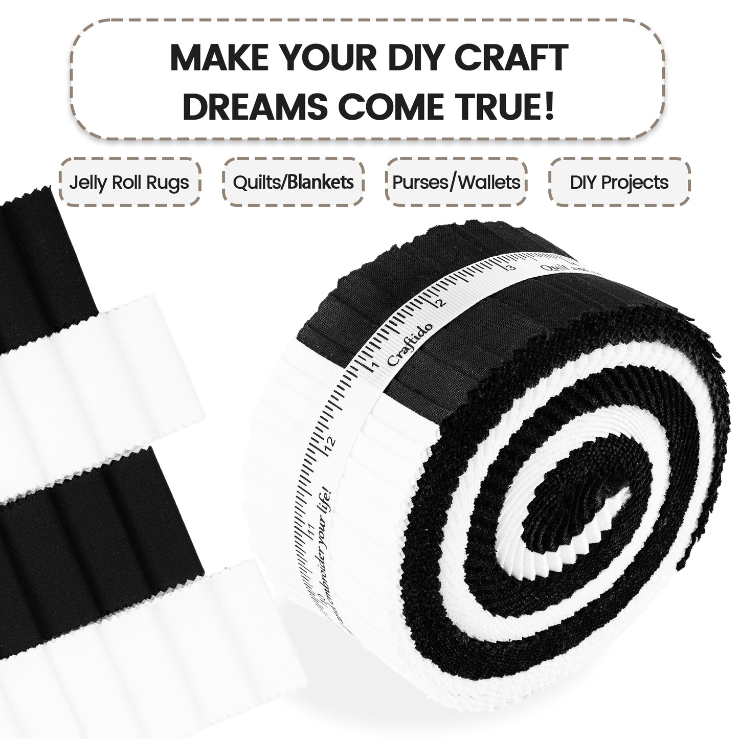 Craftido-18 Options-100% Cotton Jelly Roll Fabric Precut Strips for Quilting, Crafting, and Sewing, 40 Strips 2.5" x 44" Assorted Bundles for Rug, Quilt Project, DIY Craft and Home Decor