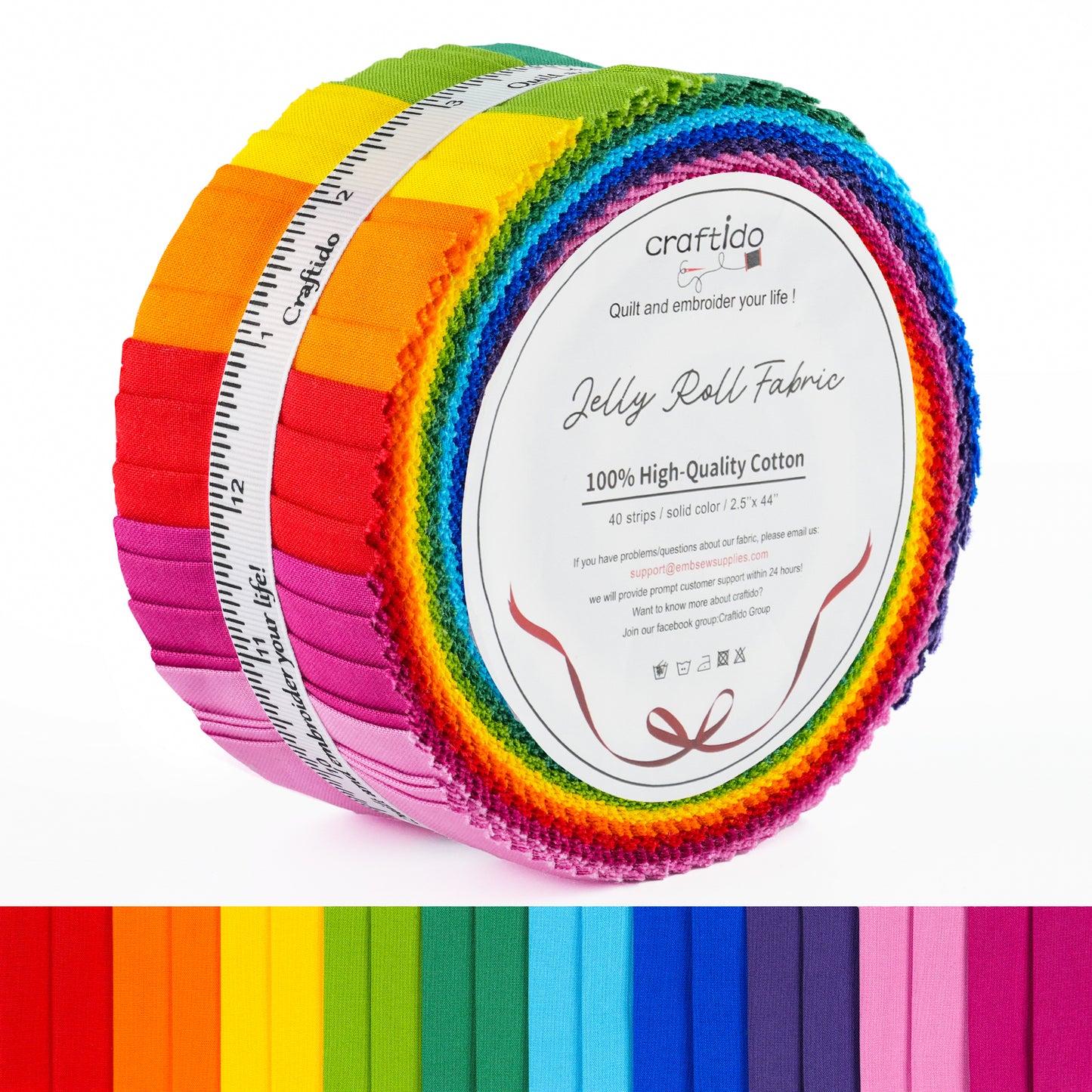 Craftido-18 Options-100% Cotton Jelly Roll Fabric Precut Strips for Quilting, Crafting, and Sewing, 40 Strips 2.5" x 44" Assorted Bundles for Rug, Quilt Project, DIY Craft and Home Decor