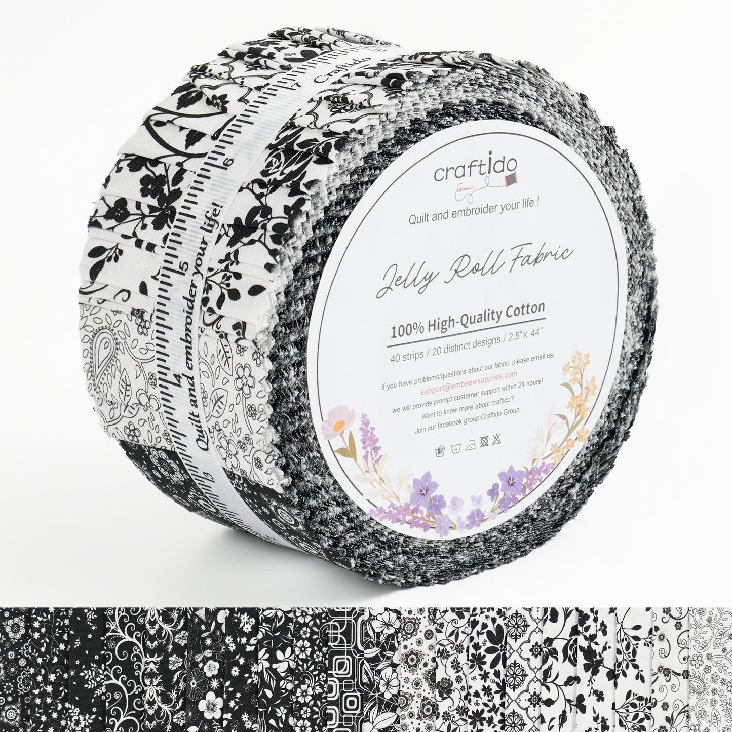 Craftido-18 Options-100% Cotton Jelly Roll Fabric Precut Strips for Quilting, Crafting, and Sewing, 40 Strips 2.5" x 44" Assorted Bundles for Rug, Quilt Project, DIY Craft and Home Decor