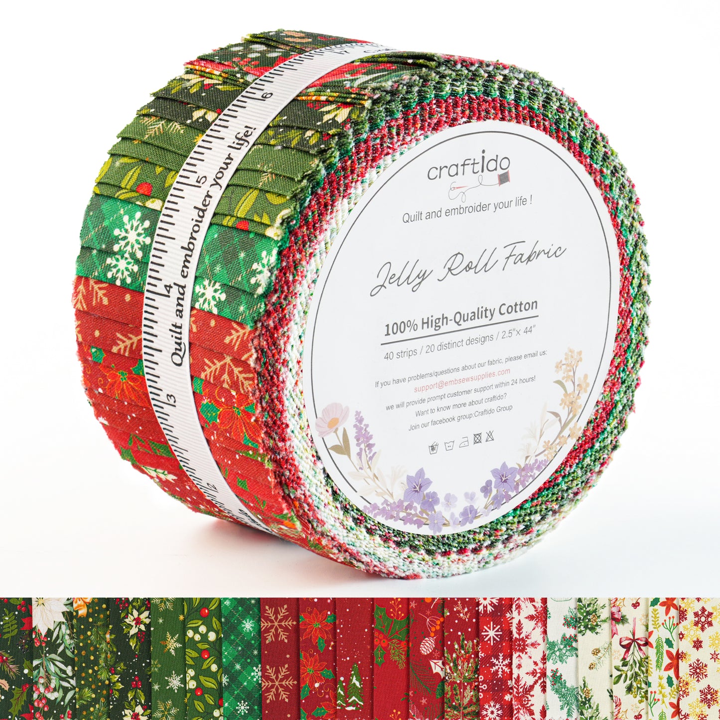 Craftido-18 Options-100% Cotton Jelly Roll Fabric Precut Strips for Quilting, Crafting, and Sewing, 40 Strips 2.5" x 44" Assorted Bundles for Rug, Quilt Project, DIY Craft and Home Decor