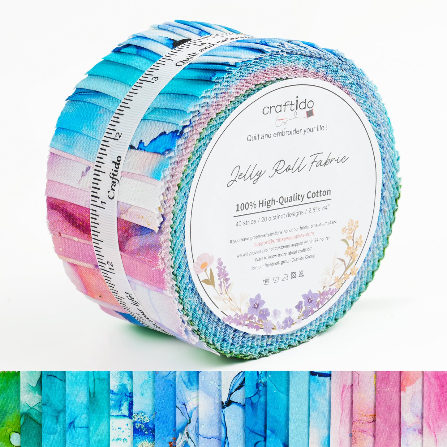 Craftido-18 Options-100% Cotton Jelly Roll Fabric Precut Strips for Quilting, Crafting, and Sewing, 40 Strips 2.5" x 44" Assorted Bundles for Rug, Quilt Project, DIY Craft and Home Decor