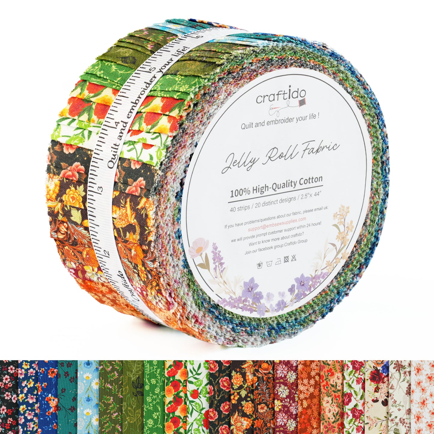 Craftido-18 Options-100% Cotton Jelly Roll Fabric Precut Strips for Quilting, Crafting, and Sewing, 40 Strips 2.5" x 44" Assorted Bundles for Rug, Quilt Project, DIY Craft and Home Decor
