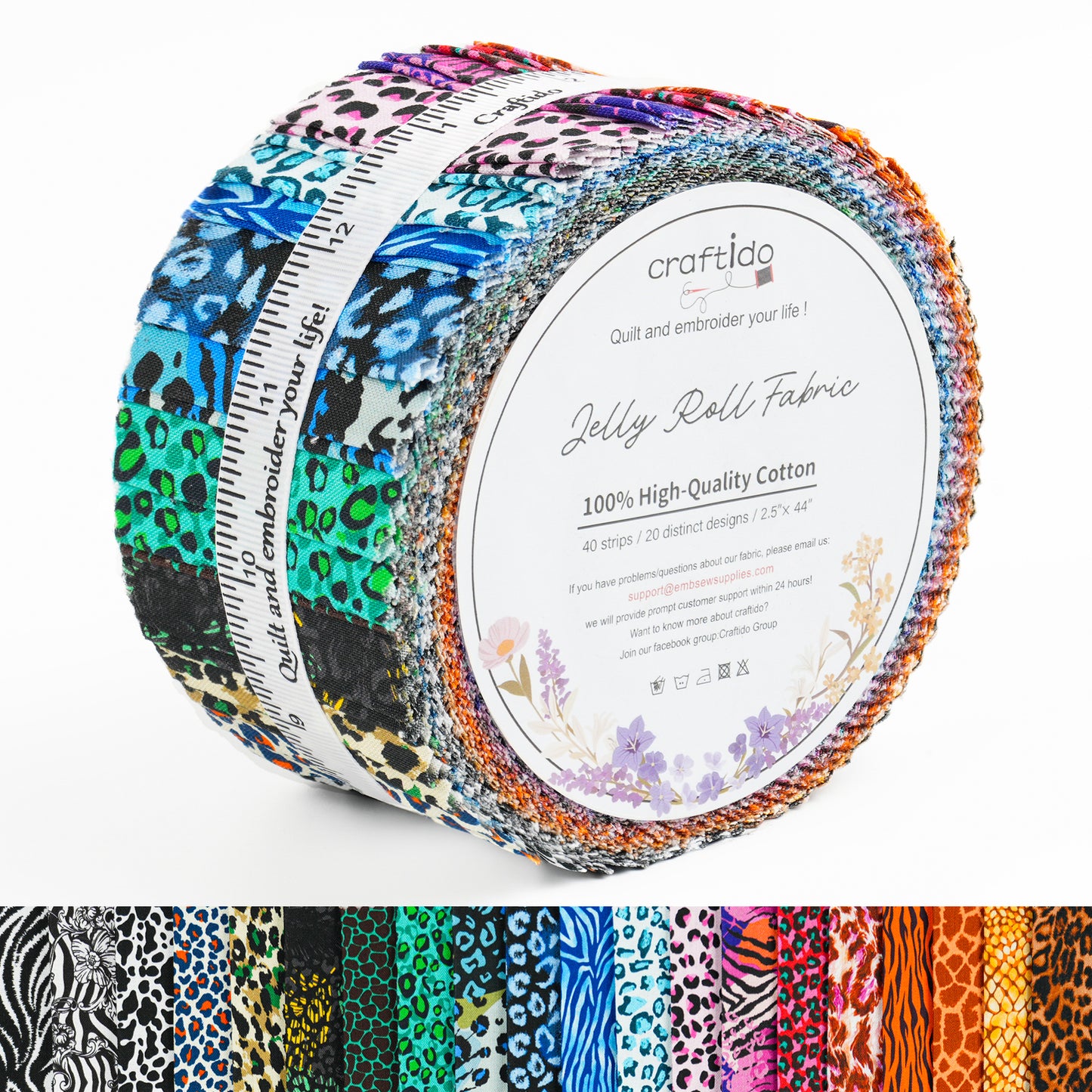 Craftido-18 Options-100% Cotton Jelly Roll Fabric Precut Strips for Quilting, Crafting, and Sewing, 40 Strips 2.5" x 44" Assorted Bundles for Rug, Quilt Project, DIY Craft and Home Decor