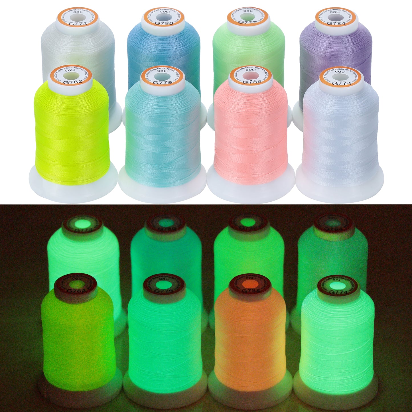 New brothread 8 Colors Luminary Glow in The Dark Embroidery Machine Thread Kit 30WT 500M(550Y)