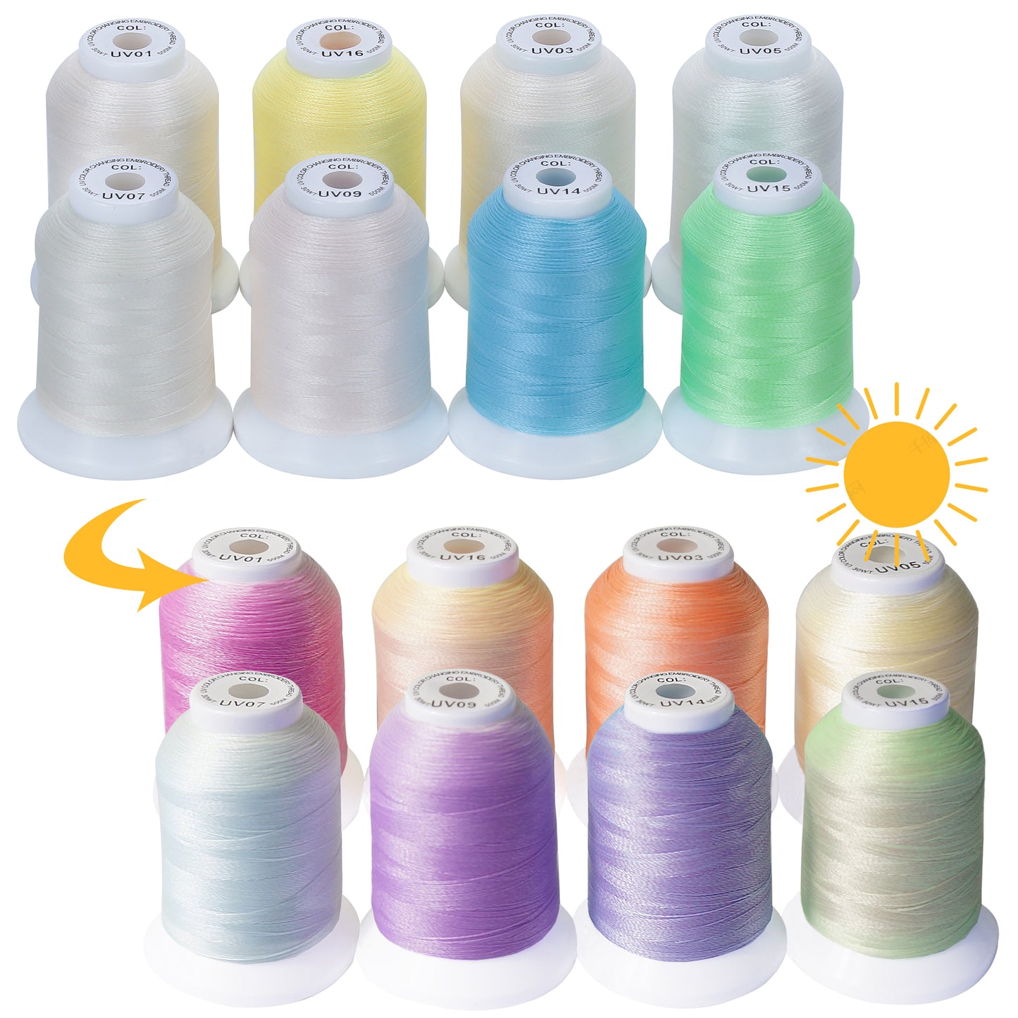 New brothread 8 Spools UV Color Changing Embroidery Machine Thread Kit 30WT 500M(550Y)