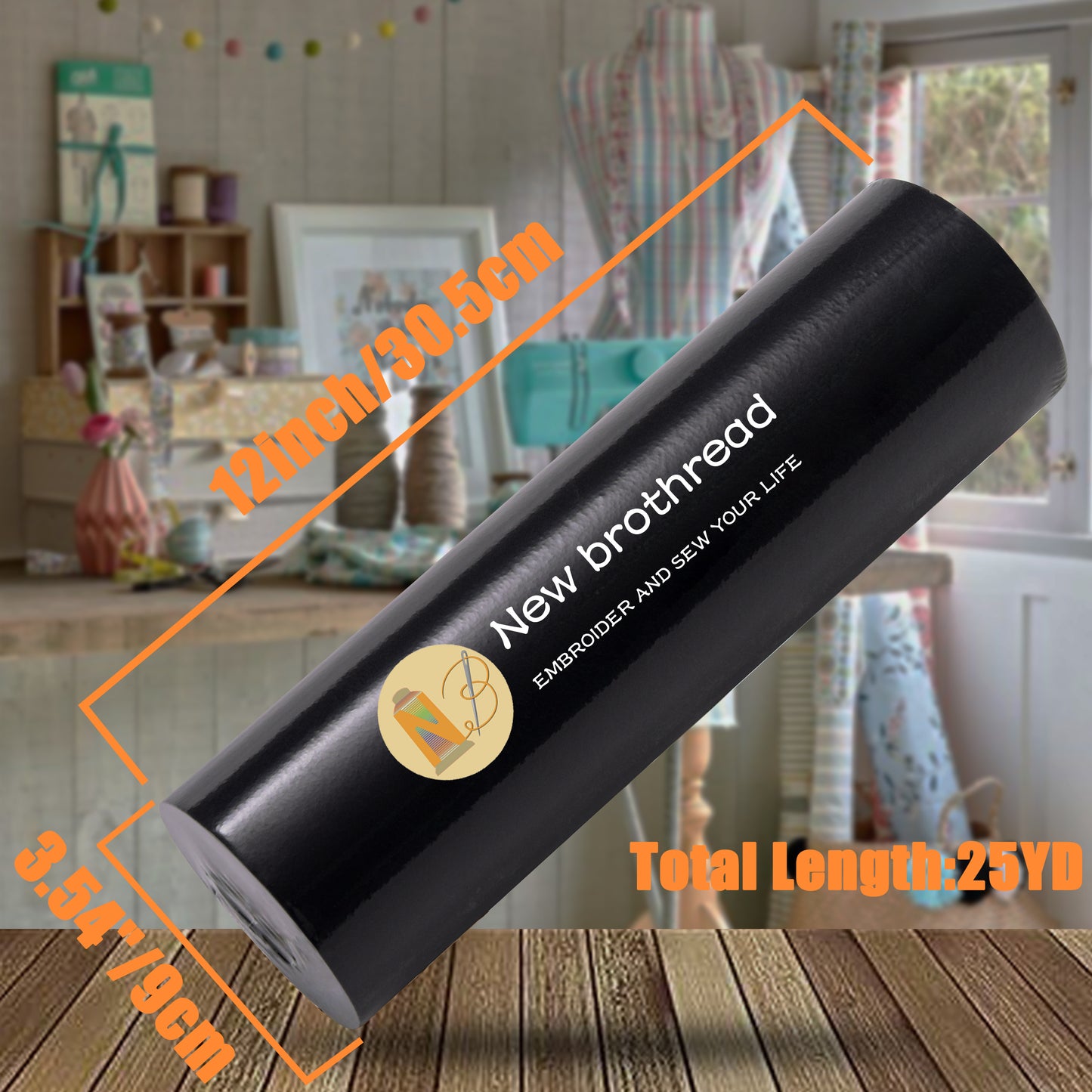 New brothread Black Tear Away Machine Embroidery Stabilizer Backing 12" x 25 Yd roll - Medium Weight 1.8 oz