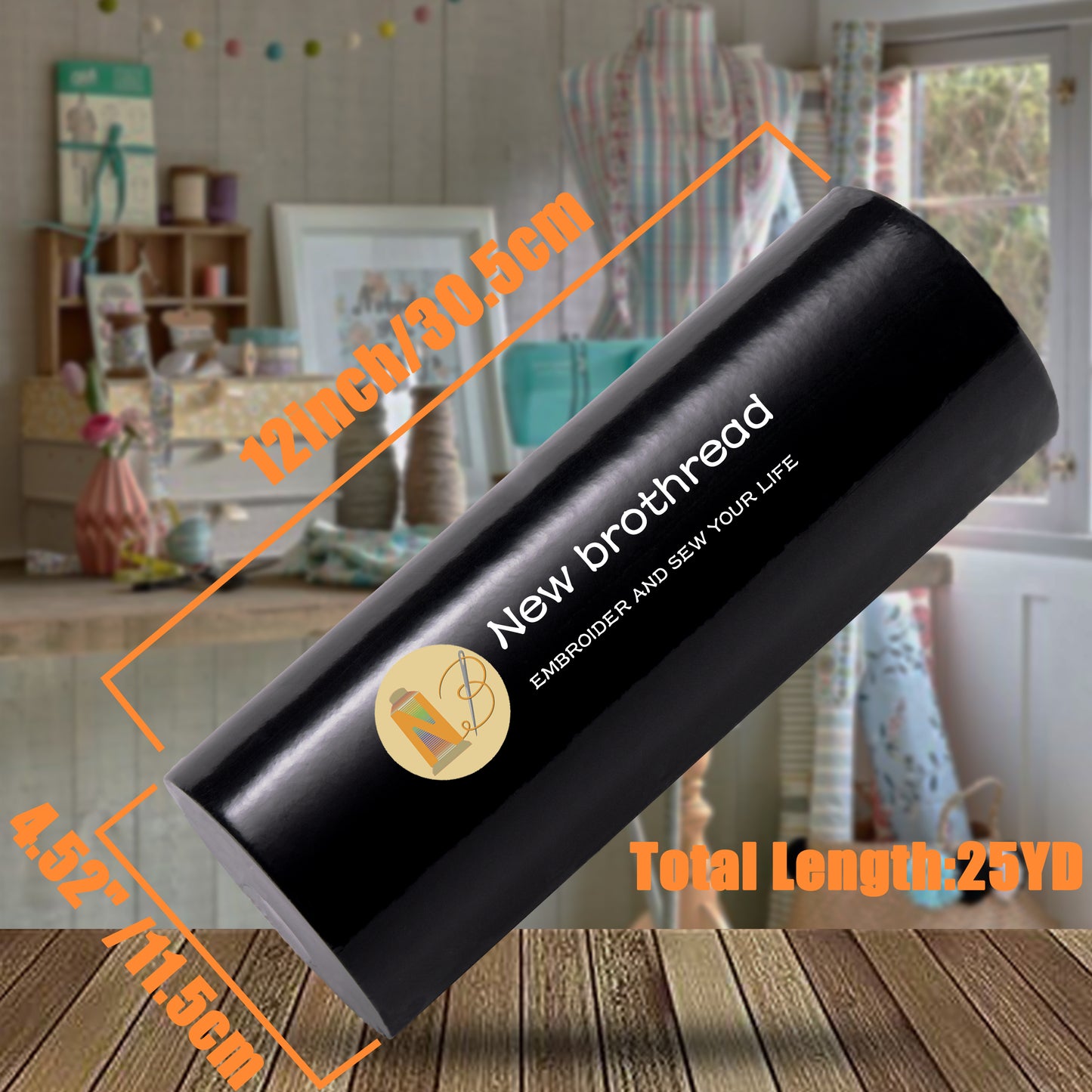 New brothread Black Cut Away Machine Embroidery Stabilizer Backing 12" x 25Yd roll - Medium Weight 2.5 oz