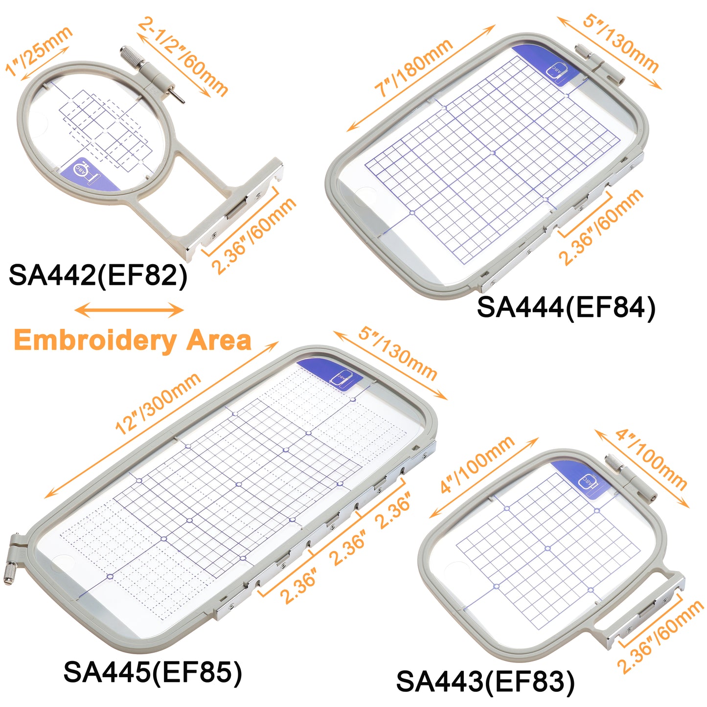 New brothread Embroidery Machine Hoop 4 in 1 Set (SA442+SA443+SA444+SA445) for Brother PE800 PE780D PE770 PE700 PE750D SE1900 SE1800 Innovis 1250D/1200/1000 Babylock Accord /Emore /Ellure /Ellure Plus