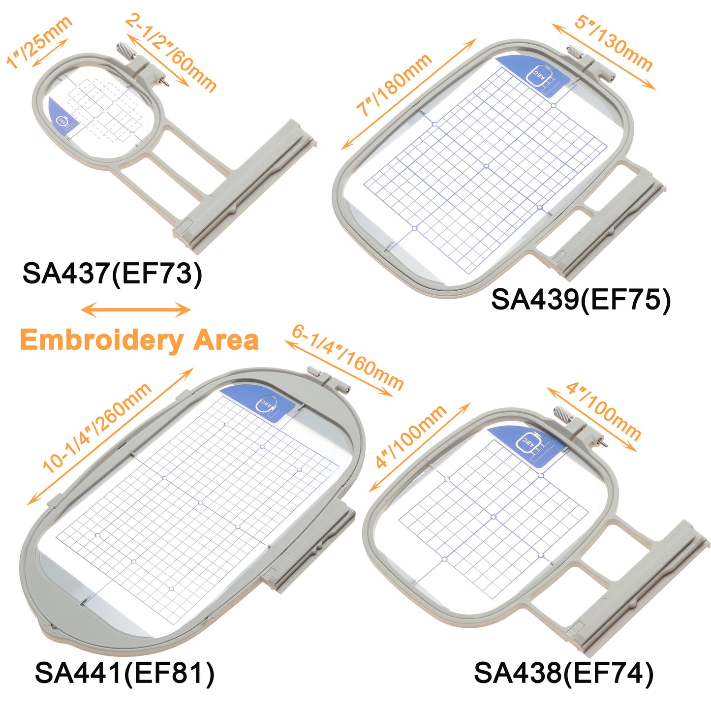 New brothread Embroidery Machine Hoop 4 in 1 Set (SA437+SA438+SA439+SA441) for Brother Innovis NQ3600D/3500D NQ1600E/1400E VE2200 4000D 1500D V7 V5 V3 VM5200/6200D BabyLock Ellegante/Aventura/Flourish