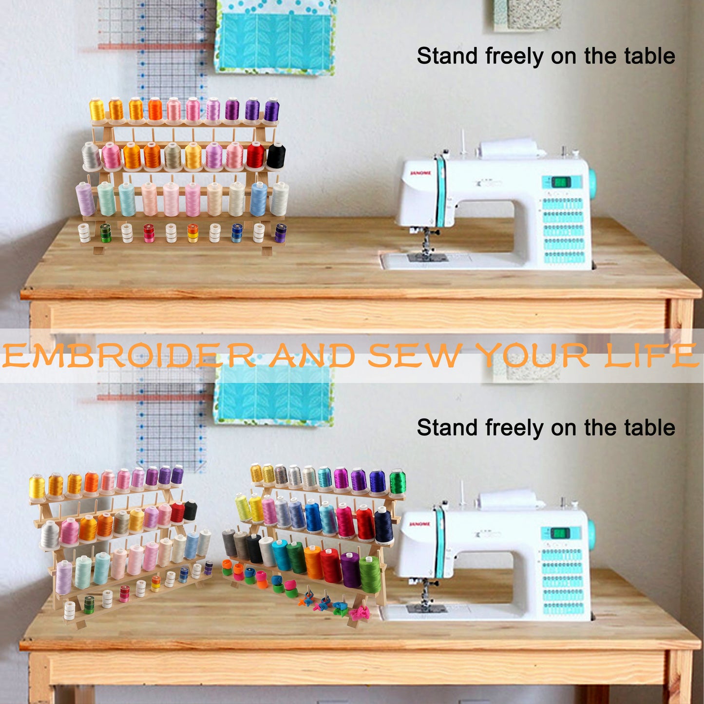 New Brothread 4X60 Spools Wooden Thread Rack/Thread Holder Organizer with Hanging Hooks