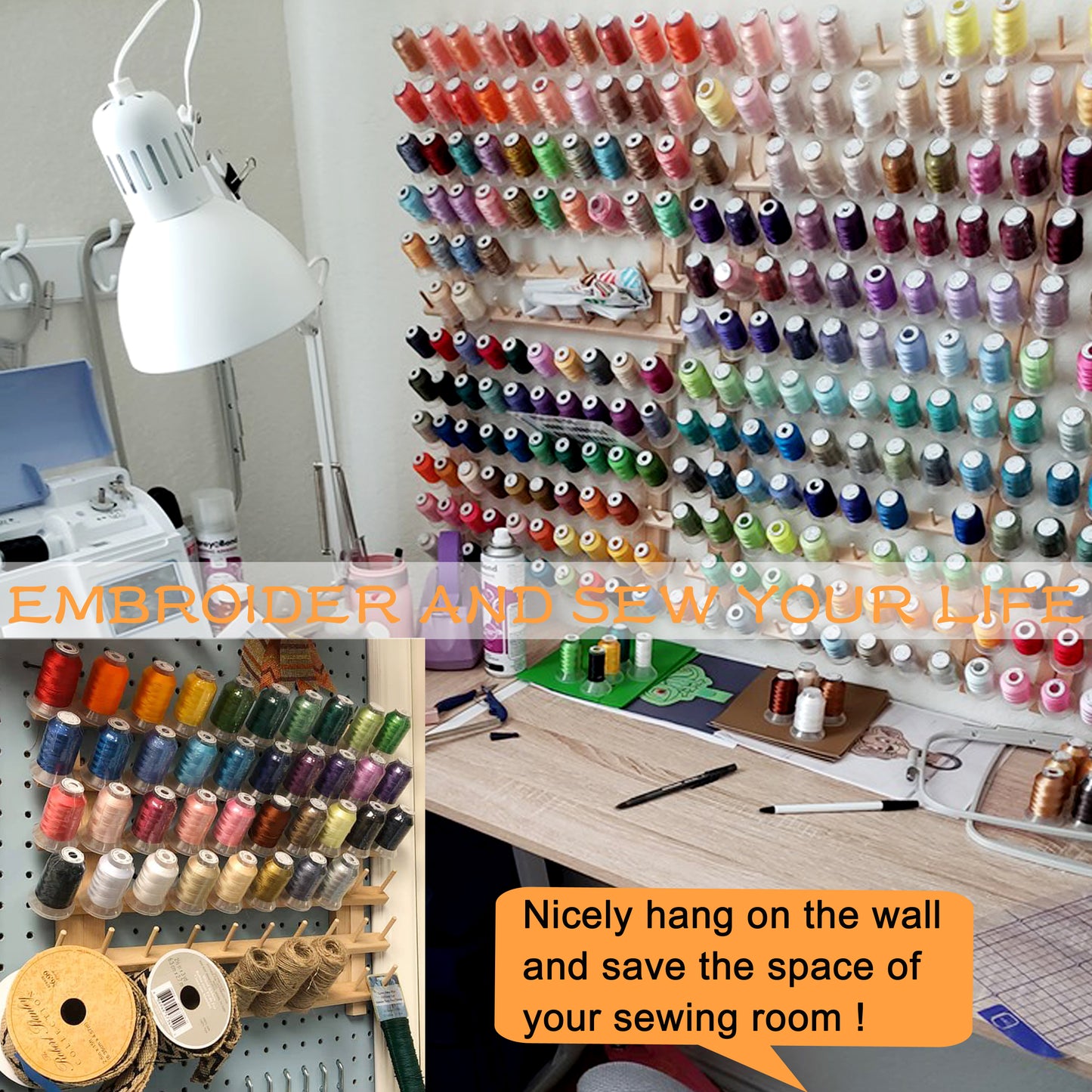 New Brothread 4X60 Spools Wooden Thread Rack/Thread Holder Organizer with Hanging Hooks
