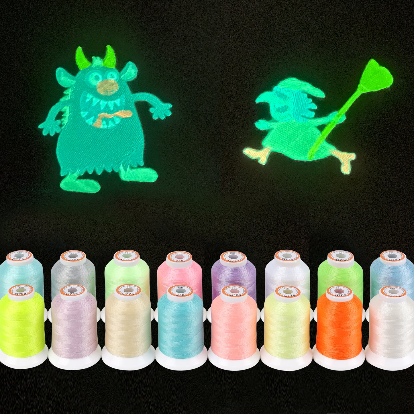 New brothread 16 Colors Luminary Glow in The Dark Embroidery Machine Thread Kit 30WT 500M(550Y) Each Spool for Embroidery, Quilting, Sewing