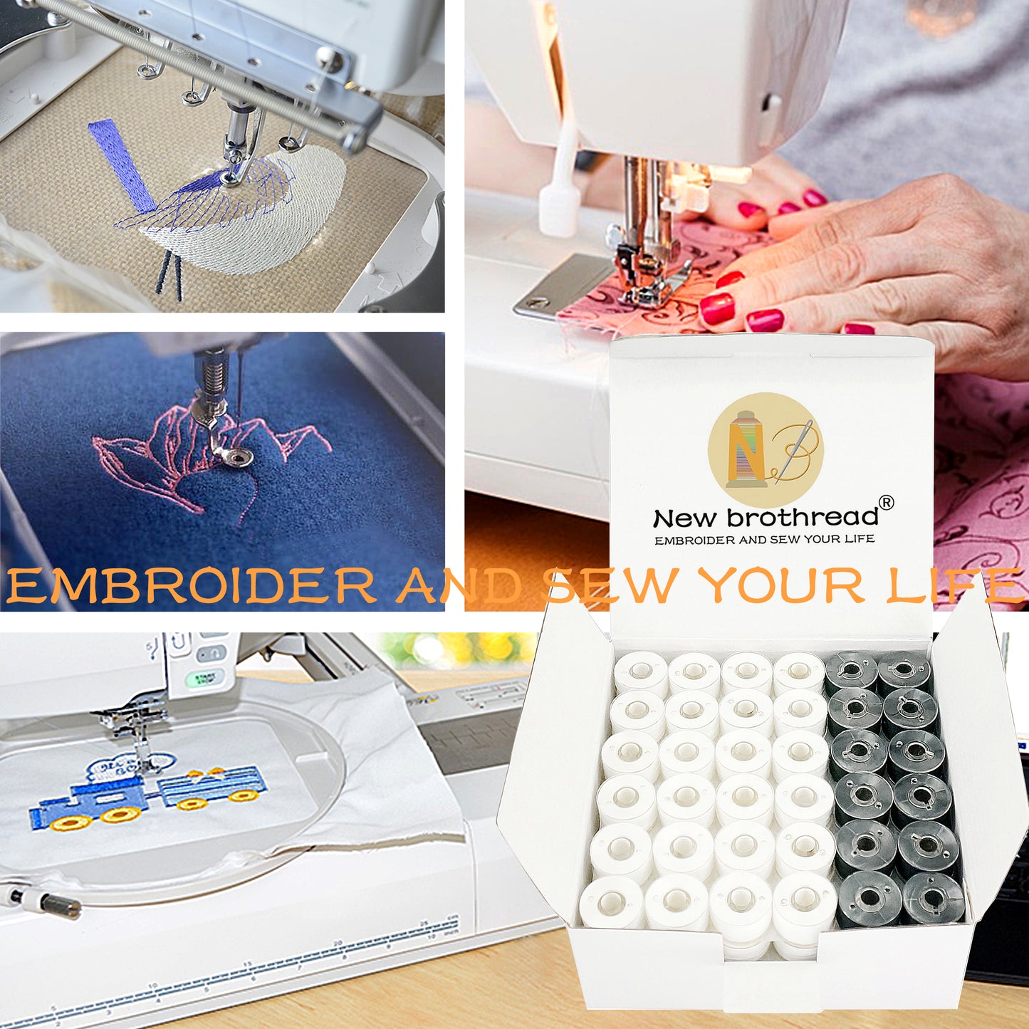 New brothread 144pcs White 60S/2(90WT) Prewound Bobbin Thread Plastic Size L SA155 for Embroidery & Sewing Machine Polyester Thread