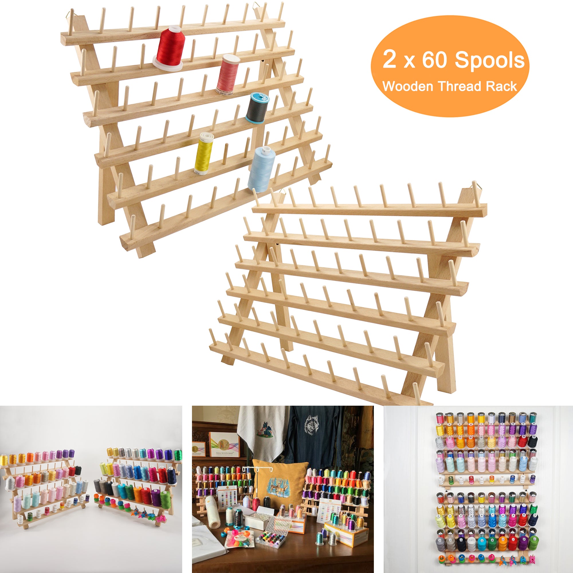 Wooden Thread Holder/Rack - 60 Spools - Sewing And Embroidery