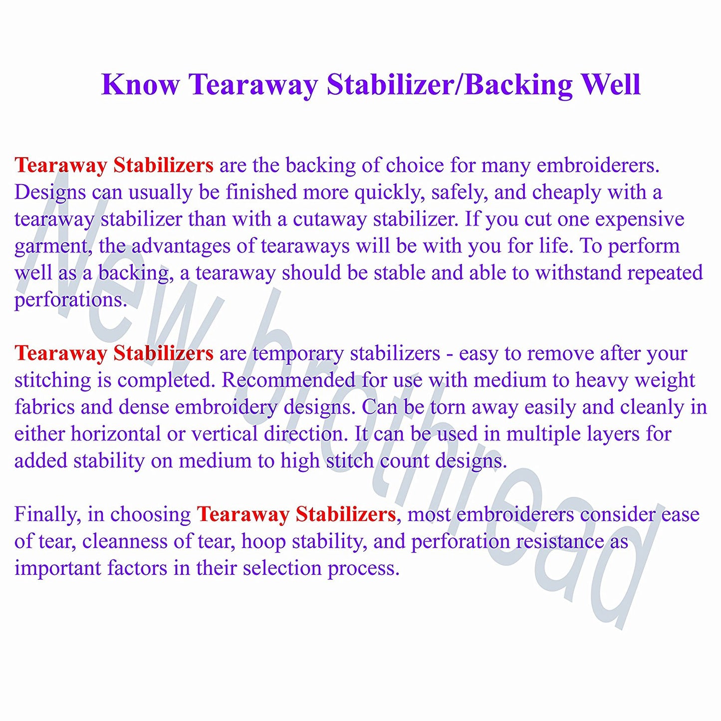 New brothread Tear Away Machine Embroidery Stabilizer Backing - 100 Precut Sheets - Medium Weight 1.8oz