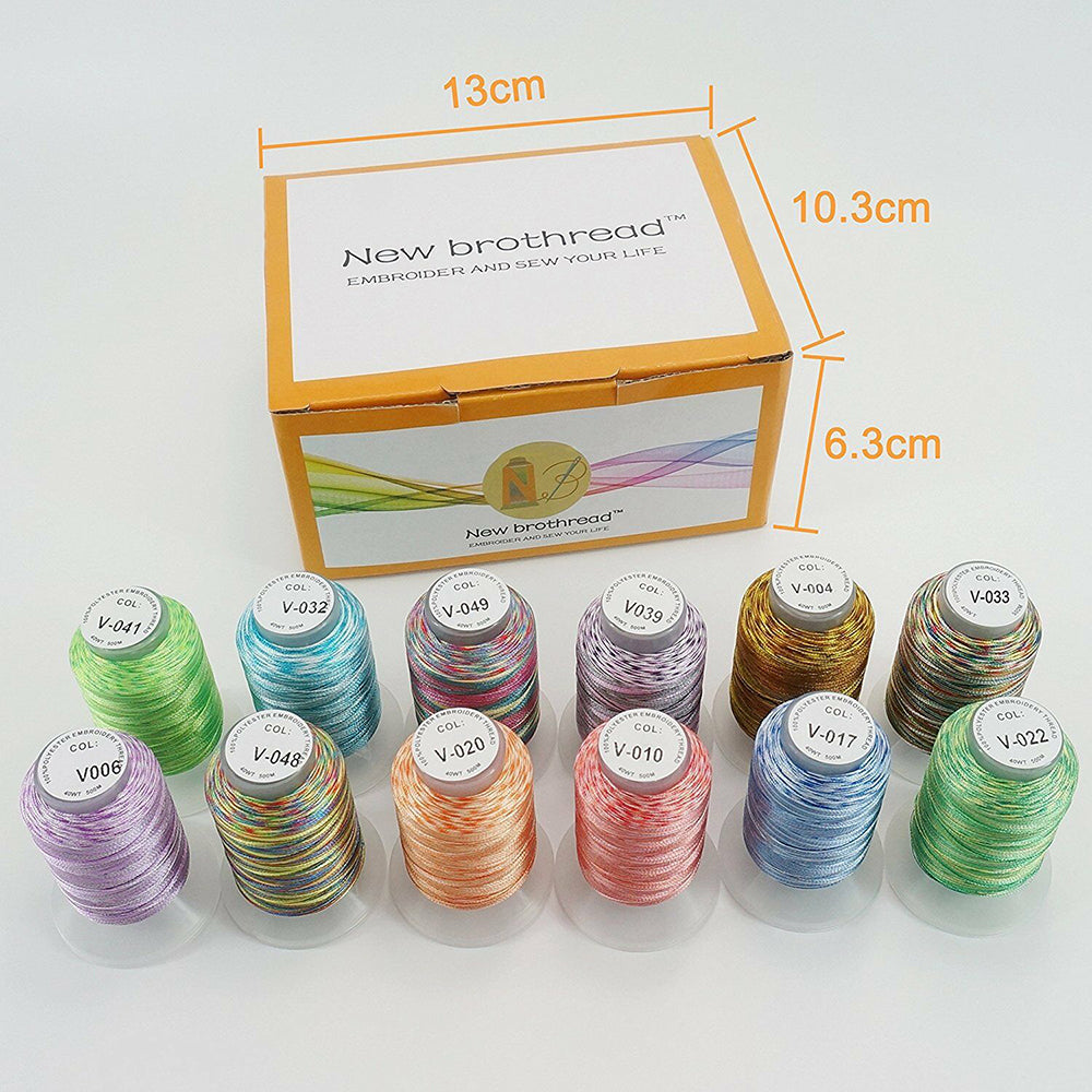 New Brothread 12 Colors Variegated Polyester Embroidery Machine Thread Kit 500M