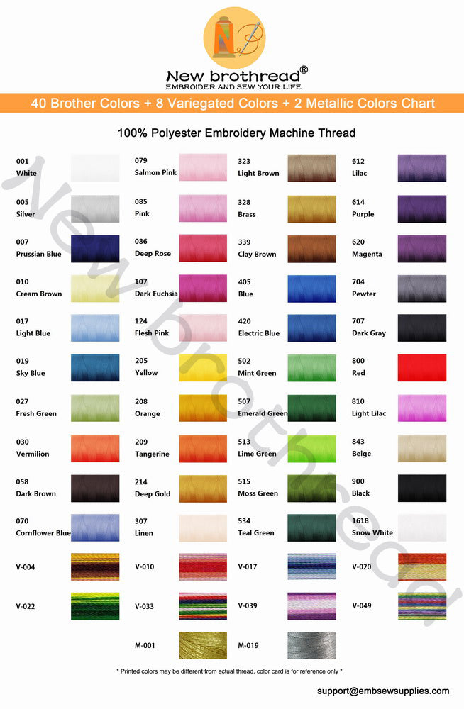 New brothread Embroidery Machine Thread Kit Including 40 Brother Colors + 8 Variegated Colors + 2 Metallic Colors for Brother Babylock Janome Singer Pfaff Husqvarna Bernina Embroidery and Sewing Machines