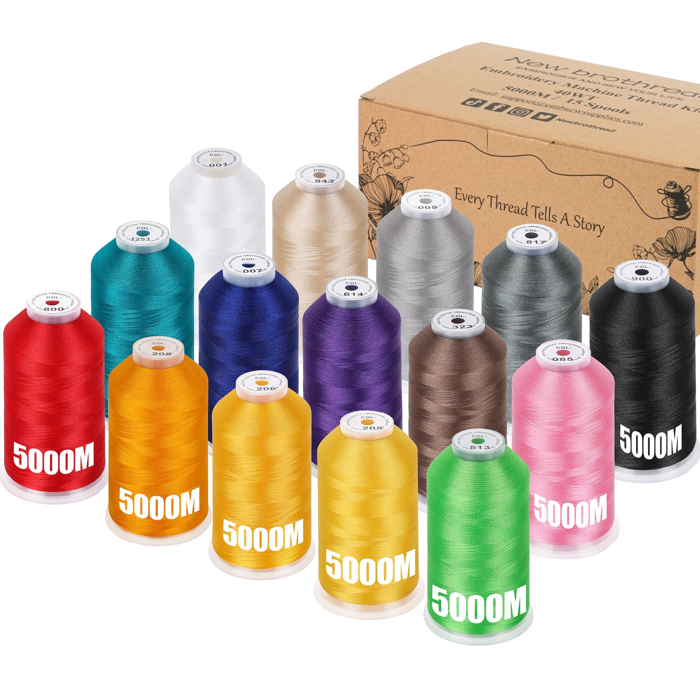 New brothreads - 15 Starter Colors of Huge Spool 5000M Polyester Embroidery Machine Thread for Commercial and Domestic Embroidery Machines