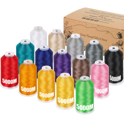 New brothreads - 15 Starter Colors of Huge Spool 5000M Polyester Embroidery Machine Thread for Commercial and Domestic Embroidery Machines
