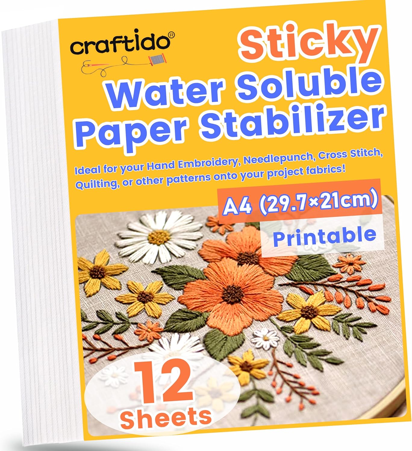 Craftido A4 (29.7x21cm) 6PCS Sticky Water Soluble Embroidery Stabilizer Printable Dissolving Paper Medium Weight Allowed for Print or Draw Patterns Best for Hand & Machine Embroidery