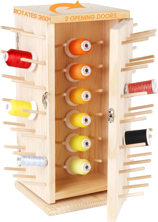 New brothread 129 Spools(DIY) 360° Fully Rotating Wooden Thread Rack/Thread Holder Organizer with Double Doors for Sewing, Quilting, Embroidery, Hair-braiding and Jewelry