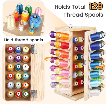 New brothread 129 Spools(DIY) 360° Fully Rotating Wooden Thread Rack/Thread Holder Organizer with Double Doors for Sewing, Quilting, Embroidery, Hair-braiding and Jewelry