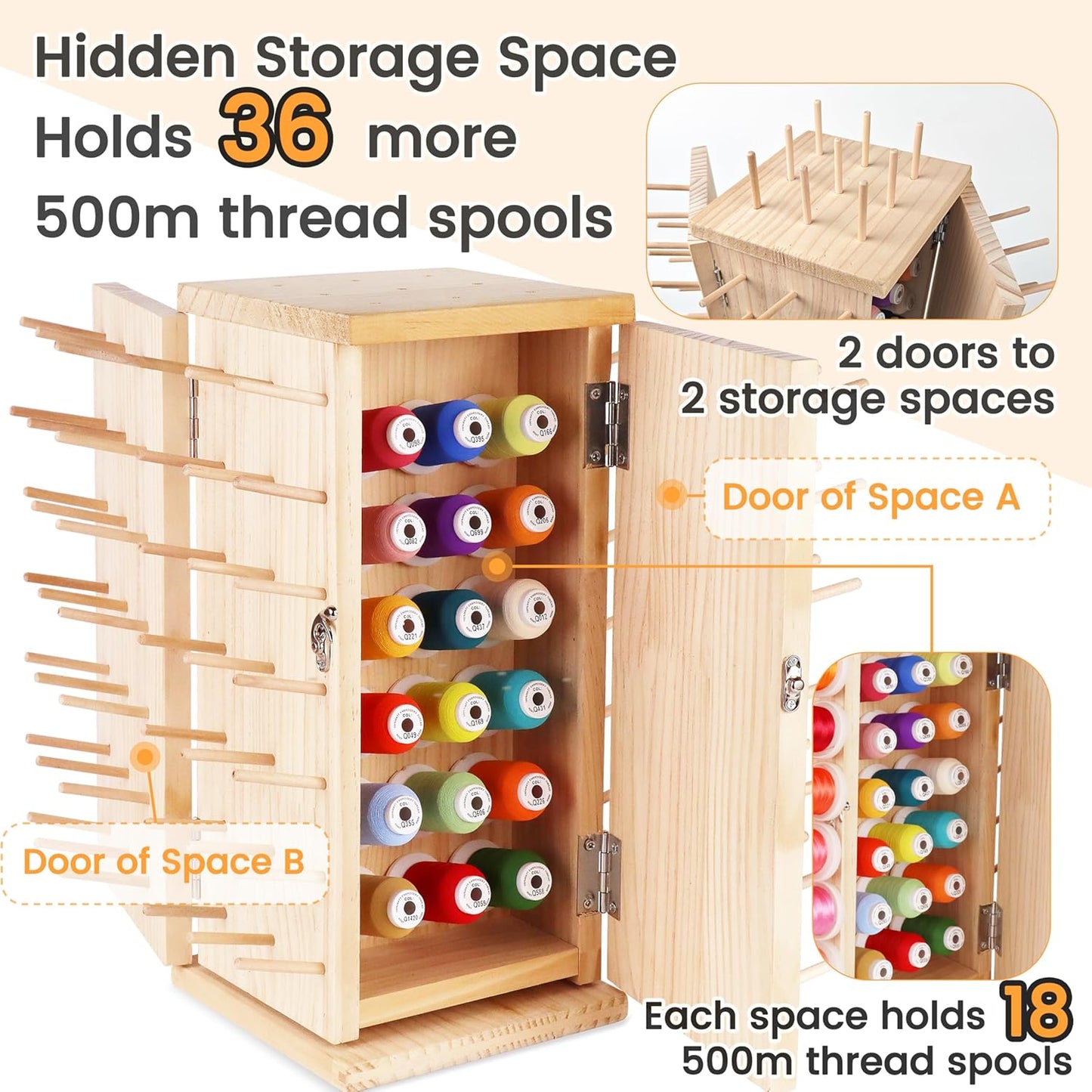 New brothread 129 Spools(DIY) 360° Fully Rotating Wooden Thread Rack/Thread Holder Organizer with Double Doors for Sewing, Quilting, Embroidery, Hair-braiding and Jewelry