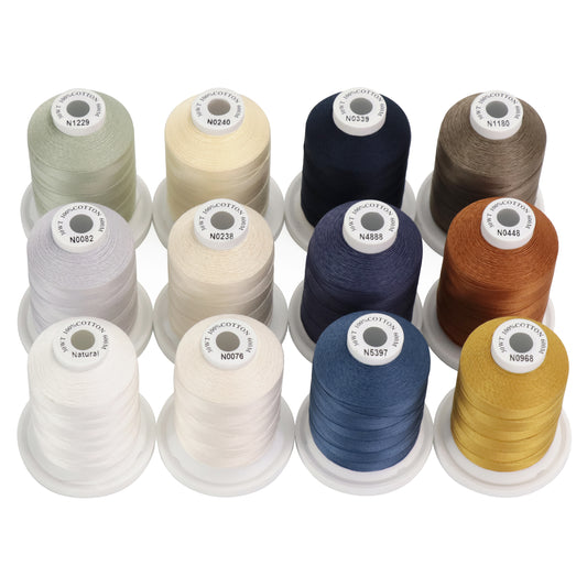 New brothread Multi-Purpose 100% Mercerized Cotton Threads 30WT(50S/3) 600M(660Y) Each Spool（12 Neutral&Jean Colors）