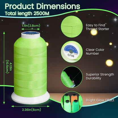New brothread Single Huge Spool Luminary Glow in The Dark Embroidery Machine Thread Kit 30WT 2500M(2735Y) Each Spool for Embroidery, Quilting, Sewing