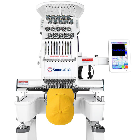 Smartstitch Embroidery Machine S-1001,10 Needles,Max Speed 1200RPM,Embroidering for Hats and T-shirt with 9.5"x14.2" Extra Large Embroidery Area 7" Touchable Screen(containing starter kit)