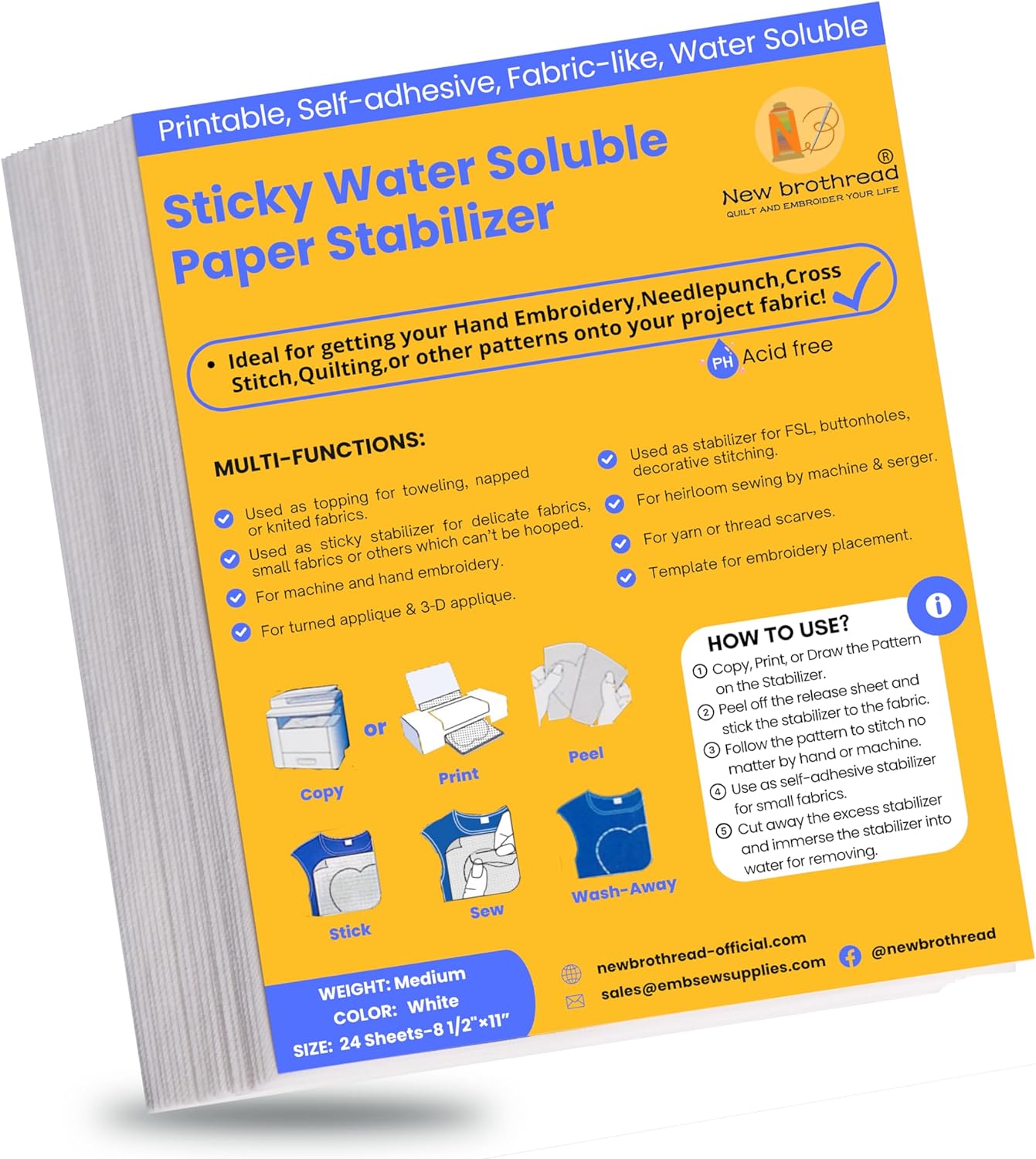 New brothread 8.5"x11" Sticky Water Soluble Embroidery Stabilizer Printable Paper Stabilizer - Medium Weight - Allowed for Print or Draw Patterns Best for Hand & Machine Embroidery
