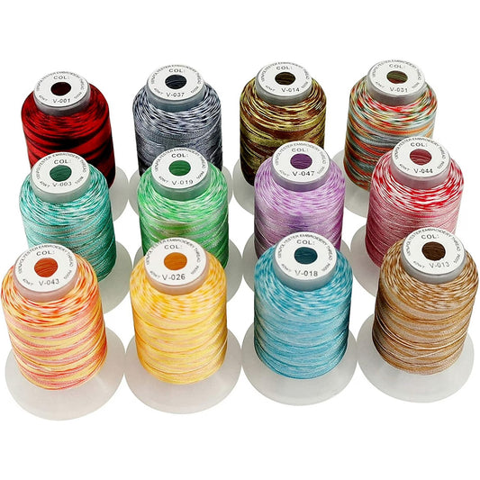New brothread 12 Colors Variegated Polyester Embroidery Machine Thread Kit 500M Each Spool Compatible with Brother Janome Babylock Singer Pfaff Bernina Embroidery and Sewing Machines